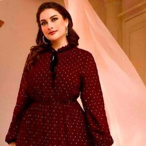 Plus Argyle Print Tie Neck Lantern Sleeve Ruffle Hem Dress!